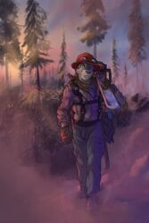  2017 2:3 anthro armor backpack boots bottomwear canid canine canis chainsaw clothed clothing detailed_background digital_media_(artwork) dirty domestic_dog dust eyewear filth footwear forest fur gear gloves goggles grey_body grey_fur handwear hard_hat harness headgear helmet holding_chainsaw holding_object holding_power_tool holding_tool husky kerchief looking_at_viewer lumberjack male mammal marsonaut nordic_sled_dog pants plant power_tool scarf smoke solo spitz sunset tools tree walking 