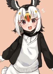  :d atlantic_puffin_(kemono_friends) bird_girl bird_wings black_hair black_jacket black_scarf blonde_hair blush commentary cowboy_shot female hair_between_eyes head_wings highres jacket kemono_friends komiojisan long_sleeves looking_at_viewer multicolored_hair necktie open_mouth orange_hair red_eyes scarf shirt short_hair skirt smile solo sweater white_hair white_necktie white_shirt white_skirt white_sweater wings 