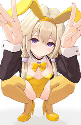  absurdres alternate_costume black_jacket blonde_hair blush bow bowtie breasts closed_mouth dated detached_collar female full_body hair_between_eyes hair_tubes high_heels highres ieiri_popo jacket leotard looking_at_viewer medium_bangs multicolored_hair nanashi_inc. playboy_bunny purple_eyes rabbit_pose short_hair_with_long_locks shrug_(clothing) sidelocks simple_background small_breasts solo squatting streaked_hair temari_rin thighhighs virtual_youtuber white_background yellow_bow yellow_bowtie yellow_footwear yellow_leotard yellow_thighhighs 