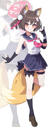  absurdres animal_ear_fluff animal_ears black_gloves black_socks blue_archive blue_skirt brown_footwear brown_hair clenched_teeth female fox_ears fox_girl fox_tail full_body gloves halo highres hua-huahua izuna_(blue_archive) kunai looking_at_viewer partially_fingerless_gloves pink_halo school_uniform serafuku shirt shoes short_hair skirt sleeveless sleeveless_shirt smile socks solo standing tail teeth thigh_strap thighs weapon white_shirt yellow_eyes zoom_layer 