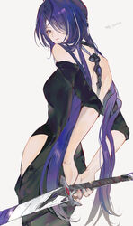  absurdres acheron_(honkai:_star_rail) alternate_costume back backless_dress backless_outfit bare_shoulders black_choker black_dress chibiya1010 choker commentary cowboy_shot dress eyes_visible_through_hair female from_behind hair_ornament hair_over_one_eye highres hip_vent holding holding_sword holding_weapon honkai:_star_rail honkai_(series) long_hair looking_at_viewer pencil_dress purple_eyes purple_hair shoulder_blades solo spine sword sword_behind_back symbol-only_commentary translation_request weapon white_background 