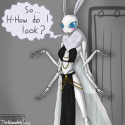  1:1 4_arms anthro arthropod black_bottomwear black_clothing black_dress black_skirt blue_eyes blush bottomwear clothing dialogue dress female gold_(metal) gold_jewelry insects jewelry lepidopteran meme meme_clothing moth multi_arm multi_limb nyx_(the_nameless_guy) skirt solo speech_bubble the_nameless_guy white_body 