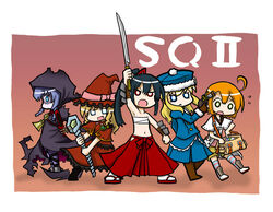  5girls :d :o ahoge arm_up bag bags_under_eyes bare_shoulders black_cloak black_hair black_sailor_collar blonde_hair blue_eyes blue_hair blue_hat blue_jacket blue_skirt blush boots bow braid brown_dress brown_footwear brown_gloves brown_hat bushidou_(sekaiju) bushidou_2_(sekaiju) cloak collarbone colored_eyelashes commentary_request copyright_name curse_maker curse_maker_2 doctor_magus doctor_magus_4 dress fur-trimmed_headwear fur-trimmed_sleeves fur_trim glint gloves gun gunner_(sekaiju) gunner_2_(sekaiju) hakama hat hat_bow hip_vent holding holding_gun holding_sword holding_weapon hood hood_up hooded_cloak jack_frost_(megami_tensei) jacket japanese_clothes katana knee_boots long_hair long_sleeves low_twintails medic_(sekaiju) medic_2_(sekaiju) multiple_girls naga_u navel oerba_yun_fang orange_hair parted_lips pink_bow pleated_skirt red_eyes red_footwear red_hakama sailor_collar sandals sarashi sekaiju_no_meikyuu sekaiju_no_meikyuu_2 shaded_face short_eyebrows skirt smile socks sword tabi twin_braids twintails v-shaped_eyebrows very_long_hair wavy_mouth weapon white_jacket white_socks witch_hat zouri 