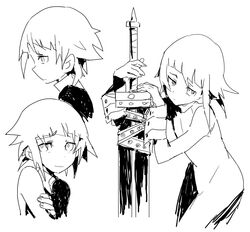  1other androgynous closed_mouth crona_(soul_eater) dress greyscale kanyoko_(yuzukano_17) looking_at_viewer monochrome multiple_views short_hair simple_background soul_eater sword weapon white_background 