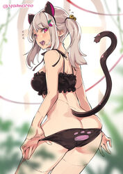  animal_ears ass back bell black_panties bra cat_ears cat_tail commentary_request fake_animal_ears female frilled_bra frills hair_bell hair_ornament highres open_mouth original panties red_eyes sharp_teeth solo super_zombie tail teeth twintails underwear zombie zon-chan 