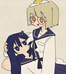  2girls adpx black_eyes black_hair black_ribbon black_sailor_collar black_skirt blonde_hair blush breasts bright_pupils commentary expressionless food food_on_head fried_egg glasses hair_between_eyes highres holding_another&#039;s_head lap_pillow large_breasts long_hair long_sleeves multiple_girls mushroom_on_head neck_ribbon no_sclera object_on_head open_mouth pleated_skirt raised_eyebrows red-framed_eyewear ribbon sailor_collar school_uniform serafuku shimeji_simulation shirt short_hair sitting skirt smile symbol-only_commentary tsukishima_shijima white_pupils white_shirt yamashita_majime yellow_eyes 