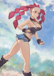  alternate_breast_size ass belt blue_shorts blush boots breasts brown_belt cleavage clenched_hands closed_mouth cloud day earrings female grey_eyes jewelry legs_apart micro_shorts outdoors pink_hair pokemon pokemon_xy punk_girl_(pokemon) shirt shorts sky sleeveless sleeveless_shirt solo standing yugen99 