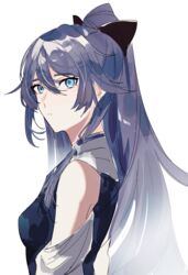  3o_c bare_shoulders black_bow blue_dress blue_eyes blue_hair bow breasts china_dress chinese_clothes closed_mouth commentary dress female fu_hua grey_hair hair_between_eyes hair_ornament hairbow high_ponytail highres honkai_(series) honkai_impact_3rd long_hair looking_at_viewer official_alternate_costume ponytail simple_background small_breasts solo symbol-only_commentary white_background 