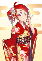  ahoge bad_id bad_pixiv_id cloud_background commentary cowboy_shot drill_hair egasumi female floral_print flower furisode hair_flower hair_ornament hand_up highres japanese_clothes kasane_teto kikkoumon kimono looking_at_viewer obi pink_flower pink_rose red_eyes red_hair red_kimono rose sash short_hair smile solo standing utau v wide_sleeves yasutange yellow_background 