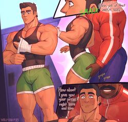  2boys artist_name ass bandaged_hand bandages bara black_hair black_tank_top blue_pants blush closed_mouth dark-skinned_male dark_skin doc_louis english_text f_con facial_hair green_shorts groping hand_on_another&#039;s_ass highres interracial jacket large_pectorals little_mac male_focus moustache multiple_boys muscular muscular_male nervous_smile nervous_sweating pants pectoral_cleavage pectorals punch-out!! red_jacket sexual_harassment short_hair shorts sidepec smile sweat tank_top thick_lips thick_mustache thick_thighs thighs v-taper white_tank_top yaoi 