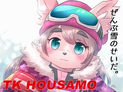  4:3 :3 alli_paeonia anthro blue_eyes blush brown_hair canid canine canis clothing domestic_dog femboy fur hair hi_res jacket japanese_text lifewonders male mammal pink_body pink_fur ski_goggles smile solo tanetomo_(tas) text tokyo_afterschool_summoners topwear 