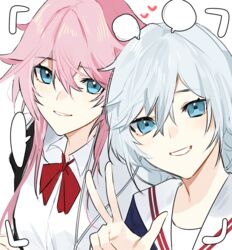  2girls 3o_c alternate_eye_color blue_eyes camera commentary grin hair_between_eyes hair_ornament heart honkai_(series) honkai_impact_3rd kallen_kaslana long_hair looking_at_viewer multiple_girls pink_hair school_uniform selfie simple_background smile speech_bubble symbol-only_commentary teeth v viewfinder white_background white_hair yae_sakura 