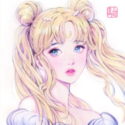  2020 adobe_fresco_(medium) bare_shoulders bishoujo_senshi_sailor_moon blonde_hair blue_eyes commentary_request crescent crescent_facial_mark double_bun dress english_commentary eyelashes facial_mark female floating_hair forehead_mark forehead_tattoo formal gown hair_bun hair_ornament hairpin korean_commentary lips long_hair mixed-language_commentary moon nayoung_wooh off-shoulder_dress off_shoulder open_mouth parted_bangs pearl_hair_ornament pink_lips princess princess_serenity puffy_dress puffy_sleeves seal_impression simple_background solo tsukino_usagi twintails upper_body white_background white_dress worried 