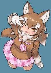  ;d animal_ear_fluff animal_ears blue_background brown_hair brown_sweater commentary_request female from_above fur_collar gloves highres japanese_wolf_(kemono_friends) kemono_friends long_hair long_sleeves multicolored_hair neckerchief oerba_yun_fang one_eye_closed open_mouth orange_eyes pink_neckerchief pink_skirt plaid plaid_neckerchief plaid_skirt pleated_skirt rinx sailor_collar salute simple_background skirt smile solo sweater tail two-tone_hair vulcan_salute white_fur white_gloves white_hair wolf_ears wolf_girl wolf_tail 