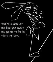  anthro black_background clothed clothing dialogue digital_media_(artwork) dress english_text female flirting lagomorph leporid looking_at_viewer mammal monochrome open_mouth polygons rabbit simple_background smug solo sony_corporation sony_interactive_entertainment talking_to_viewer text vib-ribbon vibri vinny_van_yiffy 