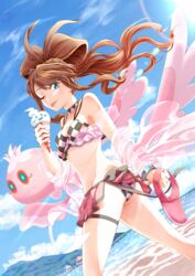  alternate_costume antenna_hair bikini bracelet breasts brown_hair checkered_bikini checkered_clothes choker cloud commentary_request day eyelashes female floating_hair food frillish frillish_(female) green_eyes highres hilda_(pokemon) holding ice_cream ice_cream_cone jewelry long_hair looking_at_viewer one_eye_closed outdoors pokemon pokemon_(creature) pokemon_bw ryuusei_(trickster) sand shore sidelocks sky smile sparkle swimsuit themed_object tongue tongue_out vanillite water 