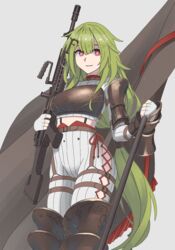  armor breastplate commission female fingerless_gloves flag girls&#039;_frontline gloves green_hair grey_background gun hair_ornament heart heart_in_eye highres holding holding_flag holding_gun holding_weapon long_hair looking_at_viewer machine_gun mk48 mk48_(girls&#039;_frontline) mk48_(gunsmoke_decree)_(girls&#039;_frontline) official_alternate_costume pixiv_commission red_eyes simple_background smile solo standing symbol_in_eye tab_(tabkun) weapon white_gloves 