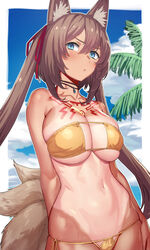  animal_ear_fluff animal_ears arm_at_side arm_behind_back bare_arms bare_shoulders beach bikini blue_eyes blue_sky border breasts brown_hair caleen_keemosn choker cleavage collarbone commentary_request cowboy_shot day eyepatch_bikini female fox_ears fox_tail hair_between_eyes hair_ribbon jewelry large_breasts long_hair looking_at_viewer multiple_tails navel one-piece_tan outdoors outside_border palm_tree pendant red_ribbon ribbon side-tie_bikini_bottom sky solo star_ocean star_ocean_anamnesis stomach strapless strapless_bikini string_bikini swimsuit tail tan tanlines tattoo tenchisouha tree twintails underboob very_long_hair white_border yellow_bikini 