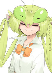  ^_^ antennae arthropod_girl bad_link blush bow bowtie breast_pocket buttons closed_eyes collared_shirt commentary_request evolvingmonkey facing_viewer female highres light_green_hair loose_bowtie mantis_akiyama mantis_girl medium_hair monster_girl nose_blush orange_bow orange_bowtie original pocket praying_mantis school_uniform shirt simple_background sleeves_rolled_up smile solo upper_body white_background white_shirt 