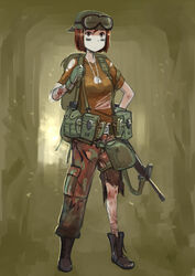  :/ alice_gear ammunition_pouch assault_rifle backpack backwards_hat bag bandages blood blood_on_clothes boots brown_eyes brown_hair camouflage canteen commentary dog_tags erica_(naze1940) facepaint female fingerless_gloves gloves goggles goggles_on_head gun gun_sling hand_on_own_hip hat highres load_bearing_equipment looking_at_viewer m16 m16a1 midriff military military_uniform original pants pouch rifle shirt short_hair soldier solo t-shirt torn_clothes torn_pants torn_shirt uniform united_states vietnam weapon 