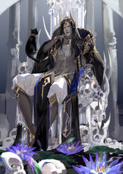  1boy barefoot black_cat black_hair cape chinese_commentary ciafer commentary_request copyright dark_skin death_(entity) death_(lord_of_the_mysteries) feline flower hand_on_own_chin highres jewelry long_hair looking_at_viewer lord_of_the_mysteries muscular necklace pillar sitting skull smile throne watermark yellow_eyes 