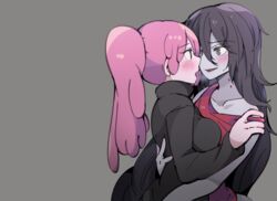  2girls adventure_time black_eyes black_hair blush gray hug kissing long_hair marceline pink_hair ponytail princess_bubblegum rokuromi vampire yuri 