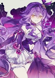  bare_shoulders breasts closed_mouth english_commentary female gloves hair_between_eyes haruka_(rsyaooooo) highres honkai_(series) honkai_impact_3rd light_smile long_hair looking_at_viewer medium_breasts navel purple_gloves purple_hair sirin sirin_(miracle_magical_girl) skirt smirk solo thigh_strap upper_body very_long_hair white_skirt yellow_eyes 