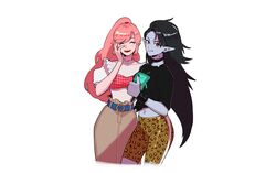  2girls adventure_time black_hair blush collar long_hair marceline navel oerba_yun_fang okada_(hoooojicha) pink_hair pointed_ears ponytail princess_bubblegum red_eyes shorts signed skirt white wristwear 