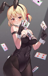  :p absurdres alternate_costume animal_ears arm_strap bare_shoulders between_breasts between_fingers black_gloves black_leotard black_pantyhose blonde_hair blush breasts card card_between_breasts card_between_fingers chromatic_aberration cleavage commentary_request covered_navel detached_collar fake_animal_ears female floating_card gloves grey_background hair_ribbon highres holding inoue_takina jack_(playing_card) jack_of_spades joker_(playing_card) king_(playing_card) king_of_clubs kurumi_(lycoris_recoil) large_breasts leotard light_particles looking_at_viewer lycoris_recoil mika_(lycoris_recoil) nishikigi_chisato pantyhose pizza_(pizzania_company) playboy_bunny playing_card queen_(playing_card) queen_of_hearts_(playing_card) rabbit_ears rabbit_tail red_eyes red_ribbon ribbon short_hair short_twintails solo tail tongue tongue_out twintails v-shaped_eyebrows wrist_cuffs 