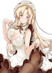  absurdres alternate_breast_size apron azur_lane bare_arms bare_shoulders black_gloves blonde_hair blue_eyes blush breasts brown_pantyhose cleavage cleavage_cutout clothes_lift clothing_cutout commentary_request cowboy_shot dress dress_lift female gloves highres jewelry large_breasts lifting_own_clothes long_hair maid maid_apron maid_headdress mikuchi3939 neck_ribbon official_alternate_costume open_mouth pantyhose ribbon ring see-through see-through_cleavage sidelocks simple_background skirt_hold sleeveless sleeveless_dress smile solo thighband_pantyhose vanguard_(azur_lane) vanguard_(half-hearted_masquerade)_(azur_lane) very_long_hair wedding_ring white_apron white_background white_dress 