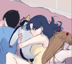  asuka_langley_soryu avian bird breasts closed_eyes female group hair hug human low_res male mammal misato_katsuragi mokmo17 neon_genesis_evangelion pen_pen_(evangelion) penguin purple_hair shinji_ikari slepping 