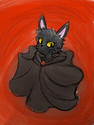  ambiguous_gender anthro astroty black_body black_fur cloak clothed clothing felid feline flowing_cape fur hi_res mammal solo yellow_eyes 