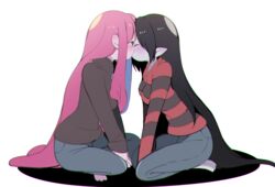  2girls adventure_time black_hair blush kissing long_hair marceline pink_hair pointed_ears princess_bubblegum rokuromi waifu2x white yuri 