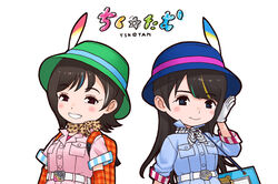  2girls bag black_eyes black_hair closed_mouth gentoo_penguin_(kemono_friends) gloves hat humboldt_penguin_(kemono_friends) ikuko_chikuta kemono_friends kyouka_tamura long_hair looking_at_viewer multiple_girls neckerchief official_art open_mouth scarf shirt short_hair simple_background smile translation_request upper_body white_background yoshizaki_mine 