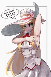  arm_up armpits bad_id bad_pixiv_id bare_shoulders blonde_hair blush bow breasts closed_mouth english_text female fingernails frilled_hat frills green_eyes guardian_tales hat highres iver_(reviolet) knight_lady_lapice korean_commentary large_hat long_hair red_bow smile solo speech_bubble spread_armpit striped striped_bow sweat white_bow white_hat 