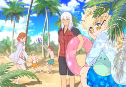  4boys :d alternate_costume arms_up asemu_asuno bad_id bad_pixiv_id ball bare_arms bare_legs beach beach_volleyball beachball bikini black_shorts blonde_hair blue_skirt blue_sky brown_hair cloud collarbone day female floral_print green_eyes green_hair grey_jacket gundam gundam_age haro hood hood_down hooded_jacket innertube jacket long_hair macil_voyd male_swimwear miniskirt momoza_r multiple_boys open_clothes open_jacket open_mouth outdoors palm_tree pleated_skirt print_skirt red_jacket romary_stone shawee_belton short_hair short_sleeves shorts sitting skirt sky smile spiked_hair standing straight_hair summer swim_ring swimsuit tree white_bikini white_hair white_jacket white_skirt zeheart_galette zipper 