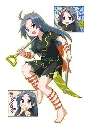  ahoge arm_strap barefoot blue_eyes blue_hair bow chains commentary_request female food gold grey_shirt grey_skirt himemushi_momoyo holding holding_pickaxe holding_shovel jewelry kousei_(public_planet) long_hair mg_mg oerba_yun_fang onigiri orange_bow orange_ribbon pickaxe ribbon ring shin_strap shirt short_sleeves shovel skirt solo tiptoes tools touhou translated wrist_bow 