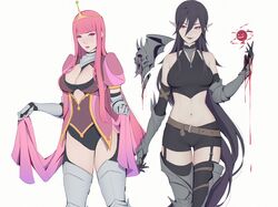  2girls adventure_time armor black_hair blood breasts cape cleavage cropped crown elbow_gloves garter_belt gloves leotard liya_nikorov long_hair magic marceline navel oerba_yun_fang pink_eyes pink_hair pointed_ears princess_bubblegum red_eyes shorts thighhighs vampire zettai_ryouiki 