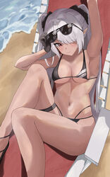  absurdres adjusting_eyewear arm_up armpits beach beach_chair bikini black_bikini black_gloves blue_archive blush breasts closed_mouth commentary dark-skinned_female dark_skin eyewear_on_head female gloves grey_hair higashiwun_izumi highres iori_(blue_archive) iori_(swimsuit)_(blue_archive) knee_up long_hair medium_breasts multi-strapped_bikini_bottom navel red_eyes sitting solo stomach sunglasses swimsuit thigh_strap thighs twintails v-shaped_eyebrows very_long_hair 