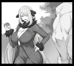  1boy black_border border breasts chinese_commentary cleavage coat commentary_request curvy cynthia_(pokemon) dawalixi female fur-trimmed_coat fur-trimmed_sleeves fur_collar fur_trim greyscale hair_ornament hair_over_one_eye hand_on_own_hip hand_up holding holding_poke_ball large_breasts long_hair looking_at_another monochrome muscular muscular_male open_mouth paid_reward_available poke_ball pokemon pokemon_dppt shirt solo_focus taut_clothes taut_pants taut_shirt very_long_hair 