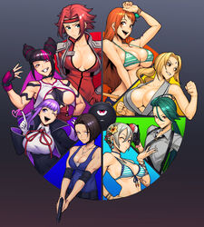  6+girls annotated bangle bb_(fate) bb_(fate/extra) bikini bikini_top_only black_hair blonde_hair bracelet breasts choker cleavage closed_mouth code_geass collarbone color_wheel_challenge commentary crossover dyun facial_mark fate/extra fate/extra_ccc fate_(series) fingerless_gloves flat_chest forehead_mark gloves grey_hair highres idolmaster idolmaster_cinderella_girls idolmaster_cinderella_girls_starlight_stage jewelry jill_valentine juri_han kouzuki_kallen large_breasts log_pose long_hair multiple_crossover multiple_drawing_challenge multiple_girls nami_(one_piece) naruto naruto_(series) one_eye_closed one_piece open_mouth orange_hair poke_ball pokemon pokemon_sv ponytail purple_hair red_hair resident_evil resident_evil_3:_nemesis resident_evil_3_(remake) reverse_trap rika_(pokemon) shiomi_syuko short_hair smile street_fighter street_fighter_6 swimsuit tattoo teeth tongue tsunade_(naruto) 