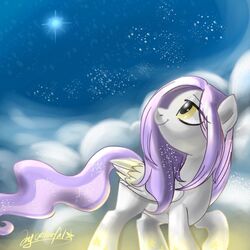  1:1 2017 cloud equid equine eyebrows eyelashes fan_character feathered_wings feathers female feral hair hasbro hi_res hooves long_hair looking_up mammal my_little_pony mythological_creature mythological_equine mythology nude oofycolorful outside pegasus pink_hair portrait signature sky smile solo star starry_sky walking white_body white_feathers wings yellow_eyes 