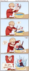  angry annoyed basin bubble claws clothed clothing dialogue digital_media_(artwork) domestic_cat duo english_text exclamation_point felid feline felis feral fully_clothed fur hi_res human humor ice katsuki_bakugou male mammal my_hero_academia question_mark resisting scared shirt soap_bubbles speech_bubble split_color struggling suncelia t-shirt text todoroki_shouto topwear water whiskers 