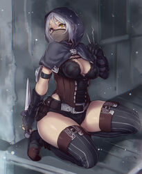  :&lt; arm_guards belt boots breasts choker cleavage commentary_request corset female fingerless_gloves gloves heterochromia highres holding hood houtengeki kneeling knife large_breasts lockpick mask original red_eyes reverse_grip short_hair silver_hair solo striped_clothes striped_thighhighs thick_thighs thigh_boots thighhighs thighs vertical-striped_clothes vertical-striped_thighhighs yellow_eyes 