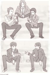  5boys blazer commentary_request eating emiya_shirou fate/stay_night fate_(series) gakuran homurahara_academy_school_uniform jacket kinomi_housuke mahou_tsukai_no_yoru matou_shinji monochrome multiple_boys school_uniform shizuki_soujuurou short_hair sitting tetsumaki tsukiji_tobimaru wavy_hair 