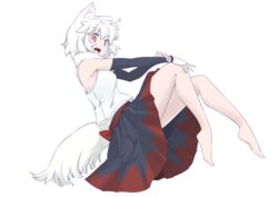  animal_ears barefoot breasts commentary_request female full_body inubashiri_momiji kokutei_n looking_at_viewer medium_breasts open_mouth red_eyes short_hair simple_background skirt solo tail touhou white_background white_hair wolf_ears wolf_tail 