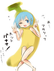  bad_anatomy banana banana_costume blue_eyes blue_hair commentary_request damenano104 double_v female flying_sweatdrops food fruit hair_ornament hairclip i&#039;m_such_a_fool mahou_shoujo_madoka_magica mahou_shoujo_madoka_magica_(anime) miki_sayaka one_eye_closed simple_background solo sweatdrop translated v white_background 