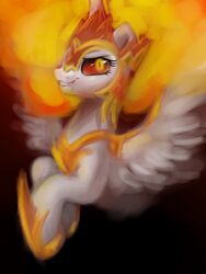  2018 3:4 alicorn black_background crown daybreaker_(mlp) equid equine eyelashes feathered_wings feathers female feral fire flaming_hair friendship_is_magic grin hair hasbro headgear hooves horn long_hair looking_at_viewer mammal my_little_pony mythological_creature mythological_equine mythology nude oofycolorful portrait pseudo_hair pupils red_sclera simple_background slit_pupils smile solo spread_wings teeth white_body white_feathers wings yellow_eyes 