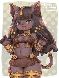  :d animal_ear_fluff animal_ears animal_nose artist_name bare_shoulders black_eyes black_fur black_hair blush body_fur bracer breasts brown_skirt character_request cleavage female furry furry_female hair_ornament large_breasts long_hair looking_at_viewer navel oerba_yun_fang open_mouth shigatake skirt smile solo tail visions_of_mana 