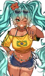  ;d absurdres alternate_breast_size alternate_costume alternate_skin_color aqua_eyes aqua_hair bead_choker beer_can belly_chain bikini bikini_under_clothes black_bikini blue_shorts blush borrowed_design bracelet brazil brazilian_flag_print brazilian_miku breasts can cleavage collarbone cowboy_shot crop_top dark-skinned_female dark_skin denim denim_shorts drink_can earrings exposed_pocket eyewear_on_head female flower grin hair_flower hair_ornament hatsune_miku hibiscus highres holding holding_can jewelry long_hair marck_(marck1703) midriff multiple_bracelets navel off-shoulder_shirt off_shoulder one_eye_closed open_clothes open_shorts portuguese_commentary red_flower shirt short_sleeves shorts side-tie_bikini_bottom simple_background skol smile solo standing sunglasses swimsuit tan tanlines tied_shirt twintails very_long_hair vocaloid white_background 